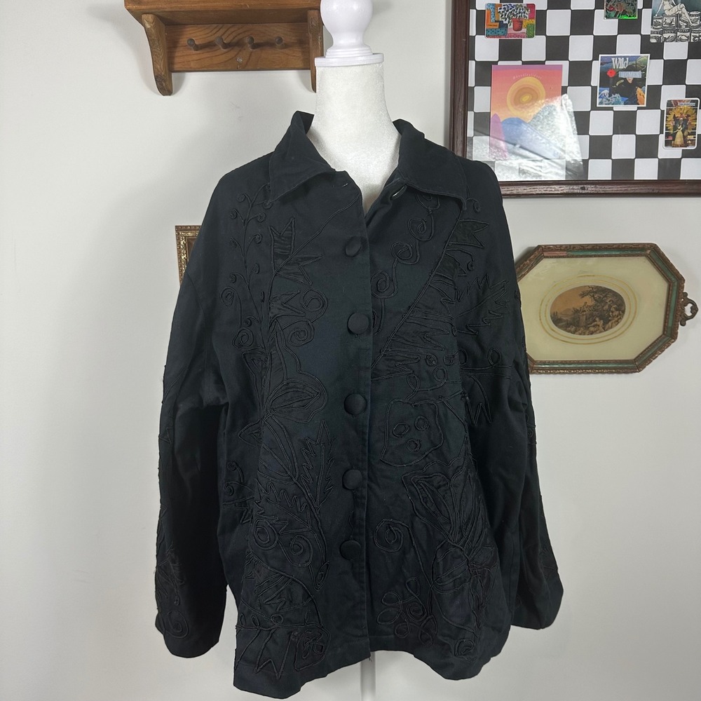 VTG Life Style Woman Black Cotton Jacket‎ with Textured All Over Pattern SIZE 3X